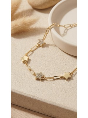 Lune Design Işıltılı Zirkon Taşlı Yıldız Figürlü Gold Renk Ataç Zincir Bileklik