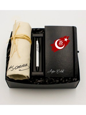 As Gift 29 Ekim Tasarımlı Kanvas Bez Çanta & Kişiye Özel Siyah Defter & Beyaz Tükenmez Kalem Hediye Seti