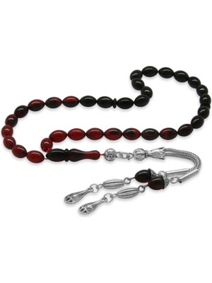 Tesbihname Ateş Kehribar Tesbih - Kararmaz Metal Damla Püsküllü - Süzme Kırmızı Siyah - Mini Boy - Arpa Kesim