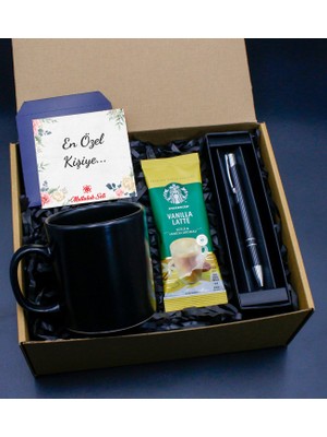 As Gift Siyah Kupa & Siyah Tükenmez Kalem & Starbucks Vanilla Latte Hediye Seti