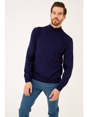 İGS Lacivert Modern Fit Dar Kalıp Yarım Balıkçı Düz Uzun Kollu Triko