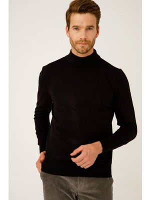 İGS Siyah Modern Fit Dar Kalıp Yarım Balıkçı Düz Uzun Kollu Triko