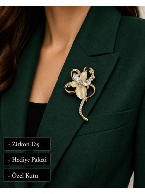 Herşey Nota Hediye Kadın Çiçek Broş Gold Renk Zirkon Taşlı Elbise Ceket Aksesuarı