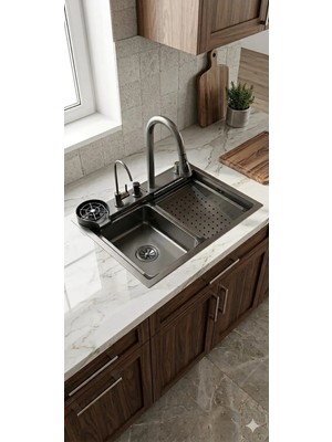 ALMAYA Füme Akıllı Şelaleli 60*45 Eviye 304 Kaliteli