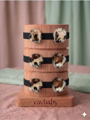 Vavbaby Lüks Çift Ponponlu Leopar Model Bebek Saç Bandı 3’lü Paket - Leopar