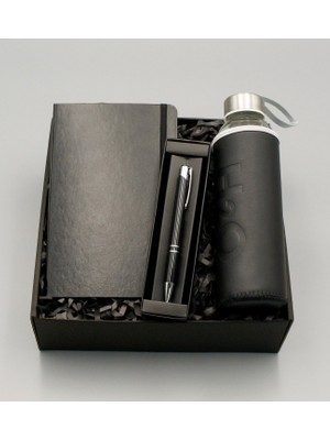 As Gift H2O Kılıflı Siyah Su Matarası & Siyah Defter & Siyah Tükenmez Kalem Hediye Seti