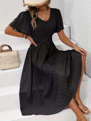 Defy Moda Kadın Kısa Kollu V Yakalı Beli Lastikli Midi Süprem Elbise