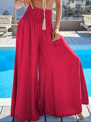 Defy Moda Kadın Yüksek Belli Lastikli Geniş Parçalı Pantolon