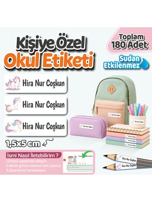 Obibaskı Kişiye Özel Okul Etiket Seti - 180 Adet - Kokusuz Ekolojik Mürekkep Pvc Etiket Sticker-Unicorn Model