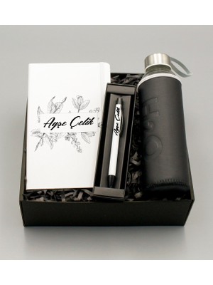 As Gift H2O Kılıflı Siyah Su Matarası & Beyaz Defter & Beyaz Tükenmez Kalem Hediye Seti