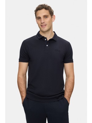 Ucla Oscar Lacivert Polo Yaka Gofre Baskılı Yumuşak Dokulu Modal Kumaş Standard Fit Erkek Tshirt