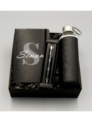 As Gift Kişiye Özel Siyah Defter & H2O Kılıflı Siyah Su Matarası & Siyah Tükenmez Kalem Hediye Seti