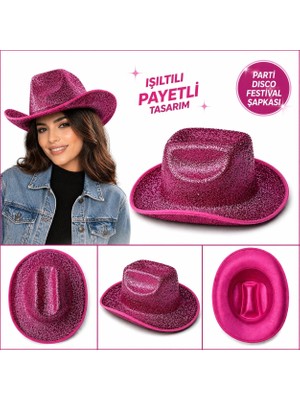Nemere Mey Ithalat® Parlak Pembe Kovboy Şapka Kadın Erkek Parti Disco Festival Şapkası