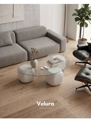 Velura Home & Living Modern Orta Sehpa & Küre Sehpa & Top Sehpa & Şeffaf Fasulye Cam & Beyaz Zar