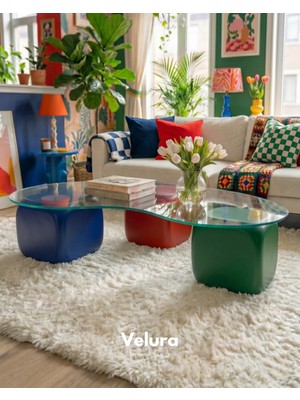 Velura Home & Living Modern Orta Sehpa & Küre Sehpa & Top Sehpa & Şeffaf Fasulye Cam & Mavi - Kırmızı -Yeşil Zar