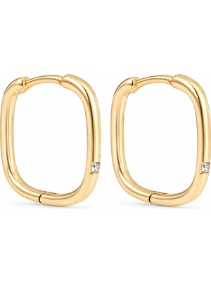 Zeino Zirkon Tektaş Detaylı Kare Halka Küpe - 14K Altın Kaplama - 2 cm