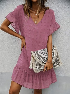 Nidam Butik Kadın Kısa Kollu V Yakalı Kısa Puantıyeli Şifon Elbise