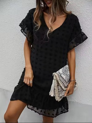 Nidam Butik Kadın Kısa Kollu V Yakalı Kısa Puantıyeli Şifon Elbise