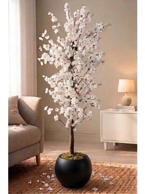 Cihan Çiçekçilik Yapay Beyaz Bahar Dalı Ağacı 180CM- 27X33 cm Küre Saksılı