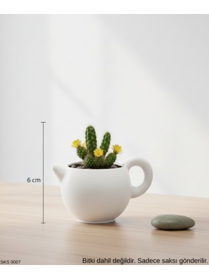 Ulora Beyaz Çaydanlık Seklinde Mini Dekoratif Saksı 6 cm Masa Üstü Ofis Dekoru