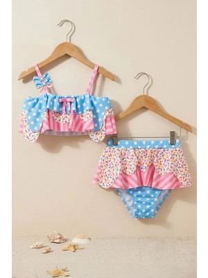 Zuzunga Fırfırlı Kız Çocuk Renkli Şeker Desenli Bikini Takımı
