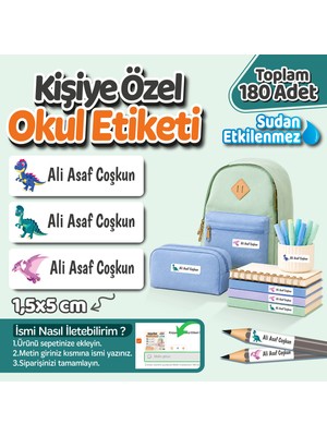 Obibaskı Kişiye Özel Okul Etiket Seti - 180 Adet - Kokusuz Ekolojik Mürekkep Pvc Etiket Sticker-Dinozor Model