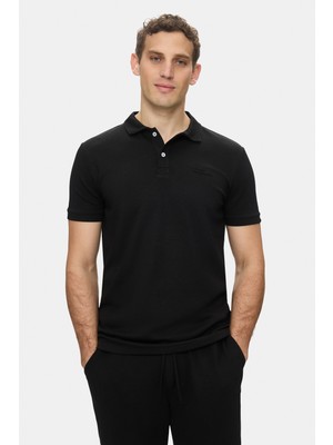 Ucla Oscar Siyah Polo Yaka Gofre Baskılı Yumuşak Dokulu Modal Kumaş Standard Fit Erkek Tshirt