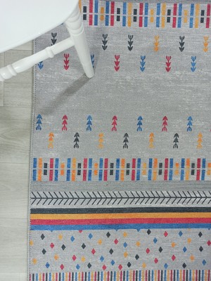 Pera Halı Gri ve Çok Renkli Geometrik Desenli Modern Yolluk - TK304OU