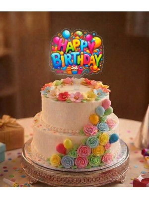 Rönesans Parti Balonlu Happy Bırthday Doğum Günü Pasta Üstü Pleksi Yazı