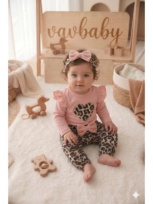 Vavbaby Kız Bebek Leopar Desenli Çıtçıt Zıbın Model Kalp Figürlü Bandanalı 3’lü Takımı
