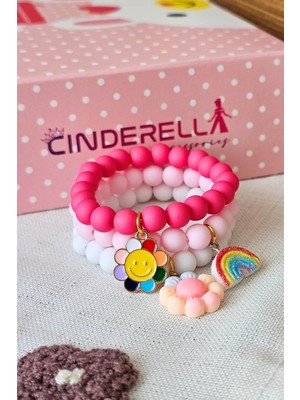 Cinderella 3'lü Set Gökkuşağı Renkli Çiçekli Kız Çocuk Bileklik - Hediyelik Doğum Günü Hediyesi Takı Aksesuar