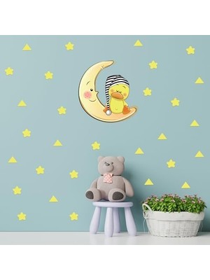 Ay Üzerinde Uyuyan Sevimli Ördek, Sarı Yıldız ve Üçgenler Duvar Seti - Bebek ve Çocuk Odası Dekoratif Duvar Çıkartması