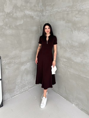 Elaxi Kadın Fermuar Detaylı Maxi Uzun Modal Elbise