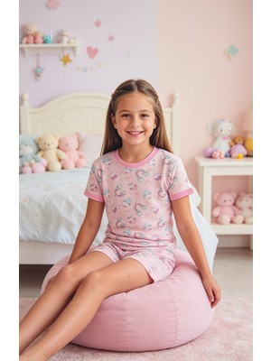 NiCe İç Giyim Cupcake Donut Çok Şeker Pembe Renk Kısa Kol T-Shirt Şort Bisiklet Yaka Kız Çocuk Pijama Takım Pamuk Penye