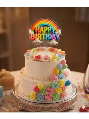 Bal10 Dünyası Gökkuşağı Happy Bırthday Doğum Günü Pasta Üstü Pleksi Yazı