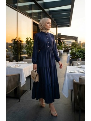 Sefa Merve Yarım Düğmeli Beli Lastikli Elbise 0276-01 Lacivert