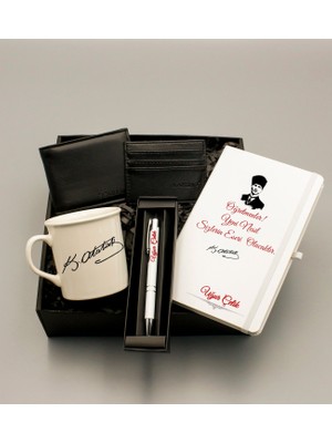 As Gift Öğretmenler Gününe Özel Atatürk Tasarımlı Kişiye Özel Beyaz Defter & Beyaz Kupa & Cüzdan ve Kartlık & Beyaz Roller Kalem & Bubble Mum Hediye Seti