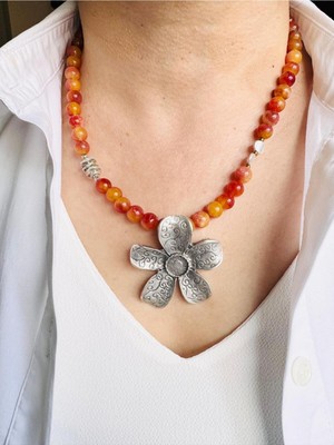 Devi Fashion Akik Doğal Taş Çiçek Kolye 48 cm