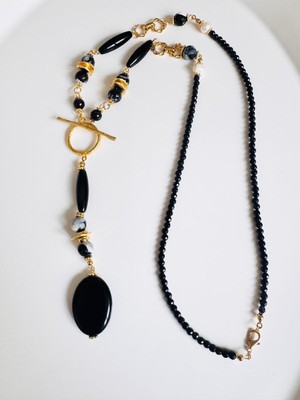 Devi Fashion Uzun Siyah Doğal Taş ve Gerçek Inci Kolye 80 cm