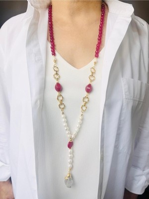 Devi Fashion Uzun Fuşya Doğal Taş ve Gerçek Inci Kolye 84 cm