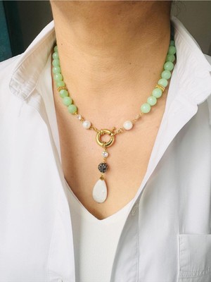 Devi Fashion Gerçek Inci ve Yeşil Doğal Taş Dümen Kolye 46 cm