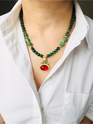 Devi Fashion Yeşil Vintage Doğal Taş Kolye
