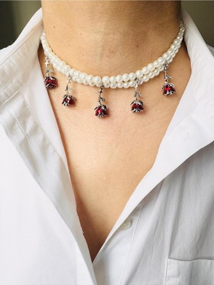 Devi Fashion Choker Inci Kırmızı Gül Kolye