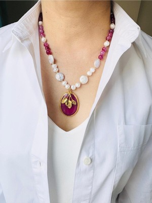 Devi Fashion Gerçek Inci ve Pembe Kuvars Doğal Taş Tasarım Kolye 55 cm