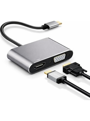 HBMB Store Usb-C Görüntü Dönüştürücü Adaptör 4K HDMI + VGA Çıkışlı Type-C To HDMI VGA Hub Laptop Tablet Telefon Ekran Yansıtma Monitör Tv Projeksiyon Bağlantı Aparatı Plug & Play | NRT-22100