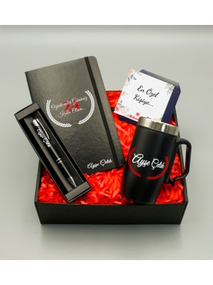As Gift Öğretmenler Gününe Özel Isim Soyisimli Siyah Defter & Siyah Bardak Termos & Siyah Roller Kalem Hediye Seti