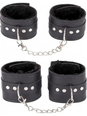 HBMB Store Sınırsızmarket Siyah Deri Kelepçe Seti, Peluş Astarlı, Metal Zincirli, Bileklik ve Ayak Bileği Kelepçesi, 2'li Set