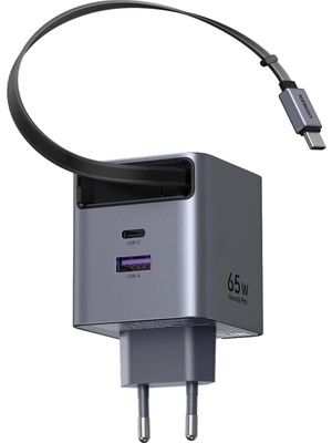 HBMB Store 65W Makaralı Dahili Kablolu Gan Hızlı Şarj Cihazı, 2xusb-C, 1xusb-A, Gri, 65825