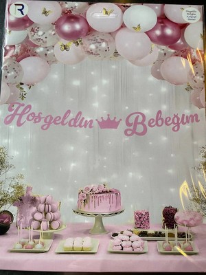Best Parti Hoşgeldin Bebeğim Yazılı Pembe Kaligrafi Banner