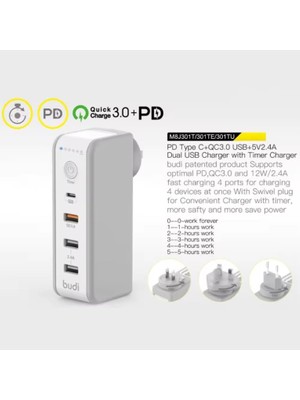 HBMB Store 30 Watt PD18W Zaman Ayarlı USB Çıkışlı Priz 180 Derece Döndürülebilir Fiş Qc3.0 2.4A USB Çıkışlı M8J301TE